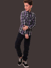 Boys’ 100% Fine Cotton Full Sleeves Grey Purple Check Shirt with Double Pocket Flap and Sleeve Tabs – Perfect for Any Occasion