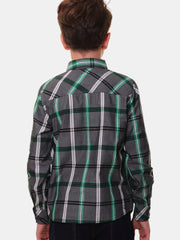 Boys’ 100% Fine Cotton Full Sleeves Grey Green Check Shirt with Double Pocket Flap and Sleeve Tabs – Perfect for Any Occasion