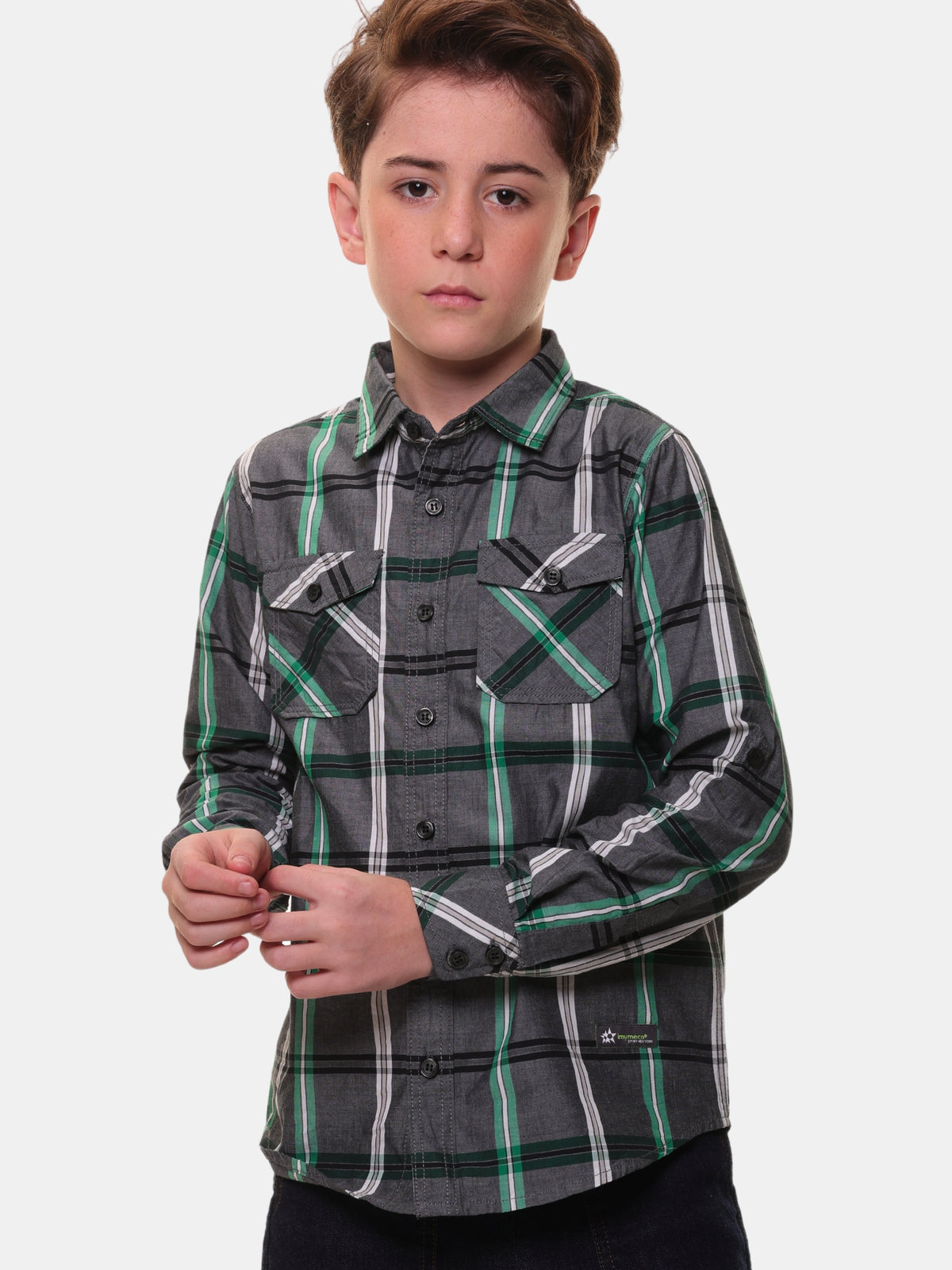 Boys’ 100% Fine Cotton Full Sleeves Grey Green Check Shirt with Double Pocket Flap and Sleeve Tabs – Perfect for Any Occasion