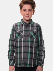 Boys’ 100% Fine Cotton Full Sleeves Grey Green Check Shirt with Double Pocket Flap and Sleeve Tabs – Perfect for Any Occasion