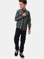 Boys’ 100% Fine Cotton Full Sleeves Grey Green Check Shirt with Double Pocket Flap and Sleeve Tabs – Perfect for Any Occasion