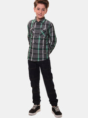 Boys’ 100% Fine Cotton Full Sleeves Grey Green Check Shirt with Double Pocket Flap and Sleeve Tabs – Perfect for Any Occasion