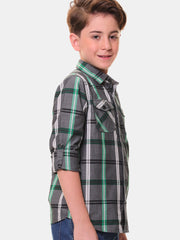 Boys’ 100% Fine Cotton Full Sleeves Grey Green Check Shirt with Double Pocket Flap and Sleeve Tabs – Perfect for Any Occasion