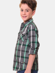 Boys’ 100% Fine Cotton Full Sleeves Grey Green Check Shirt with Double Pocket Flap and Sleeve Tabs – Perfect for Any Occasion