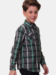 Boys’ 100% Fine Cotton Full Sleeves Grey Green Check Shirt with Double Pocket Flap and Sleeve Tabs – Perfect for Any Occasion