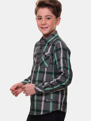 Boys’ 100% Fine Cotton Full Sleeves Grey Green Check Shirt with Double Pocket Flap and Sleeve Tabs – Perfect for Any Occasion