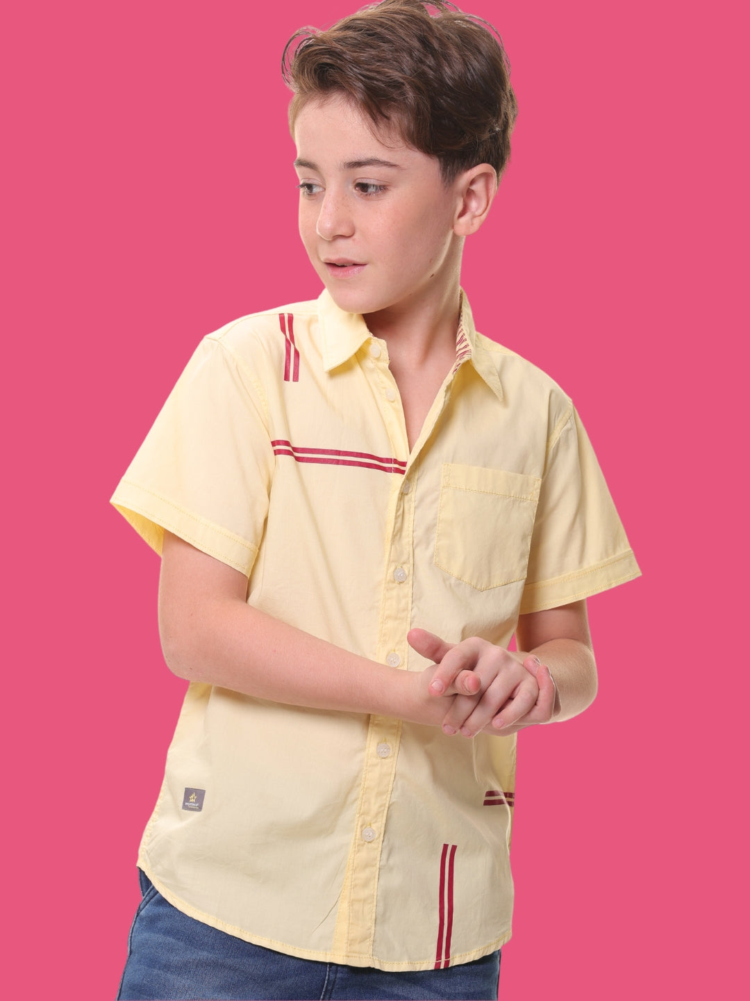 Boys’ 96% Cotton 4% Elastane (Spandex) Yellow Half Sleeves Stripe Print Shirt with Back Artwork – Perfect for Stylish Comfort