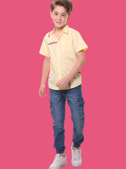 Boys’ 96% Cotton 4% Elastane (Spandex) Yellow Half Sleeves Stripe Print Shirt with Back Artwork – Perfect for Stylish Comfort