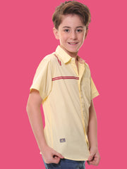 Boys’ 96% Cotton 4% Elastane (Spandex) Yellow Half Sleeves Stripe Print Shirt with Back Artwork – Perfect for Stylish Comfort