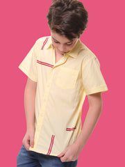 Boys’ 96% Cotton 4% Elastane (Spandex) Yellow Half Sleeves Stripe Print Shirt with Back Artwork – Perfect for Stylish Comfort