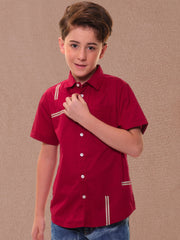 Boys’ 96% Cotton 4% Elastane (Spandex) Red Half Sleeves - Stripe Print Shirt with Back Artwork – Perfect for Stylish Comfort