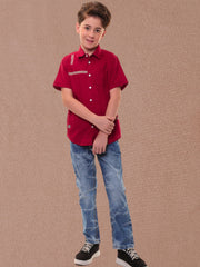 Boys’ 96% Cotton 4% Elastane (Spandex) Red Half Sleeves - Stripe Print Shirt with Back Artwork – Perfect for Stylish Comfort