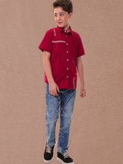 Boys’ 96% Cotton 4% Elastane (Spandex) Red Half Sleeves - Stripe Print Shirt with Back Artwork – Perfect for Stylish Comfort