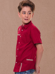 Boys’ 96% Cotton 4% Elastane (Spandex) Red Half Sleeves - Stripe Print Shirt with Back Artwork – Perfect for Stylish Comfort