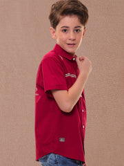 Boys’ 96% Cotton 4% Elastane (Spandex) Red Half Sleeves - Stripe Print Shirt with Back Artwork – Perfect for Stylish Comfort