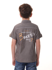 Boys’ 100% Cotton Half Sleeves Brown Pinstripe Shirt with Contrast Details and Back Print – Perfect for Stylish Comfort