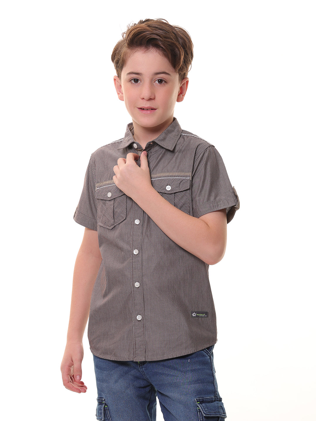 Boys’ 100% Cotton Half Sleeves Brown Pinstripe Shirt with Contrast Details and Back Print – Perfect for Stylish Comfort