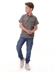 Boys’ 100% Cotton Half Sleeves Brown Pinstripe Shirt with Contrast Details and Back Print – Perfect for Stylish Comfort