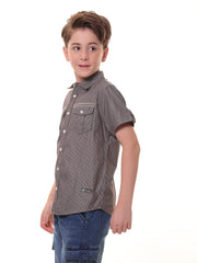 Boys’ 100% Cotton Half Sleeves Brown Pinstripe Shirt with Contrast Details and Back Print – Perfect for Stylish Comfort