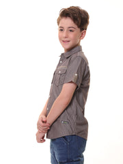 Boys’ 100% Cotton Half Sleeves Brown Pinstripe Shirt with Contrast Details and Back Print – Perfect for Stylish Comfort