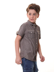 Boys’ 100% Cotton Half Sleeves Brown Pinstripe Shirt with Contrast Details and Back Print – Perfect for Stylish Comfort