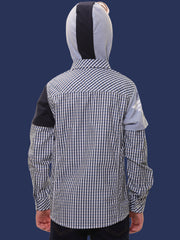 Boys’ 100% Cotton Full Sleeves Blue Check Shirt with Knitted Overlap Sleeves and Hood – Perfect for Layered Comfort