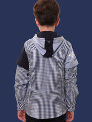 Boys’ 100% Cotton Full Sleeves Blue Check Shirt with Knitted Overlap Sleeves and Hood – Perfect for Layered Comfort