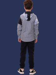 Boys’ 100% Cotton Full Sleeves Blue Check Shirt with Knitted Overlap Sleeves and Hood – Perfect for Layered Comfort