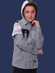 Boys’ 100% Cotton Full Sleeves Blue Check Shirt with Knitted Overlap Sleeves and Hood – Perfect for Layered Comfort