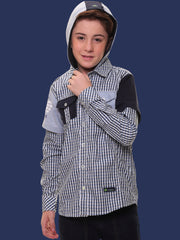 Boys’ 100% Cotton Full Sleeves Blue Check Shirt with Knitted Overlap Sleeves and Hood – Perfect for Layered Comfort