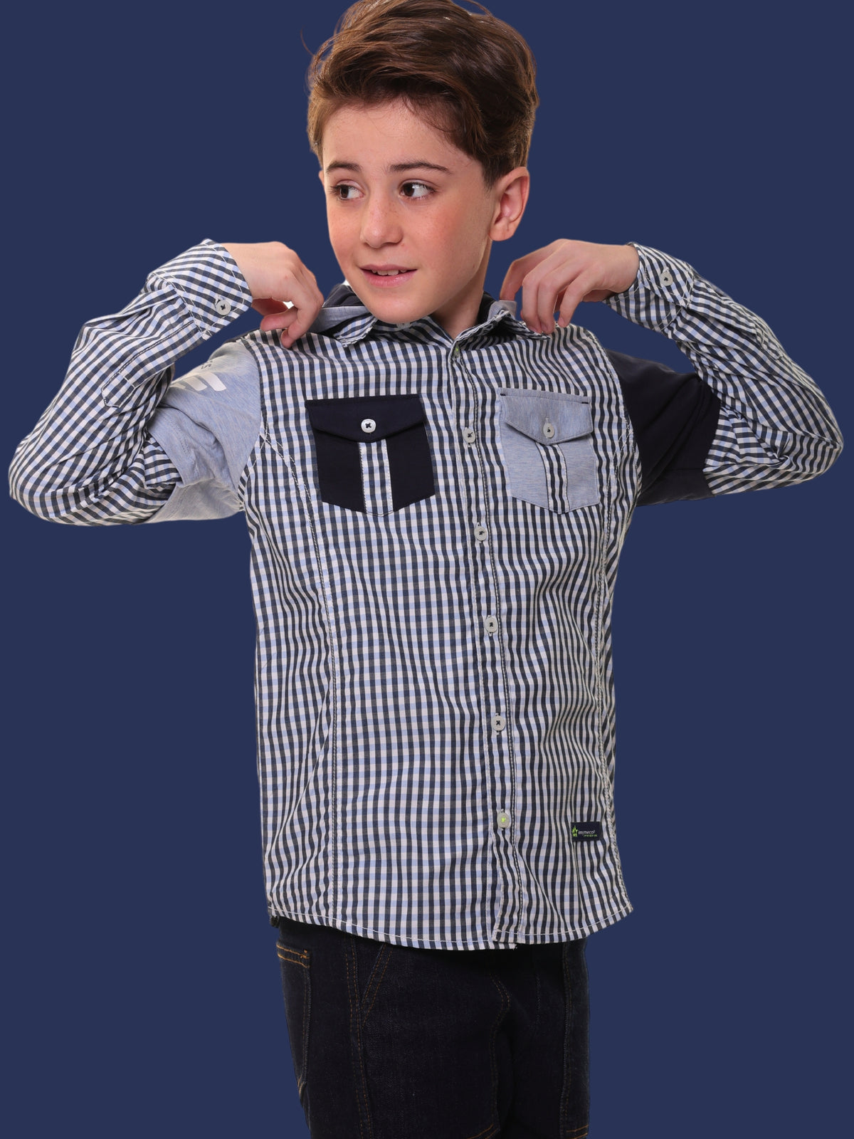 Boys’ 100% Cotton Full Sleeves Blue Check Shirt with Knitted Overlap Sleeves and Hood – Perfect for Layered Comfort