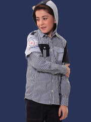 Boys’ 100% Cotton Full Sleeves Blue Check Shirt with Knitted Overlap Sleeves and Hood – Perfect for Layered Comfort