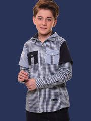 Boys’ 100% Cotton Full Sleeves Blue Check Shirt with Knitted Overlap Sleeves and Hood – Perfect for Layered Comfort