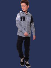 Boys’ 100% Cotton Full Sleeves Blue Check Shirt with Knitted Overlap Sleeves and Hood – Perfect for Layered Comfort