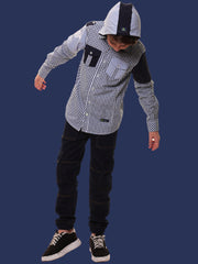 Boys’ 100% Cotton Full Sleeves Blue Check Shirt with Knitted Overlap Sleeves and Hood – Perfect for Layered Comfort