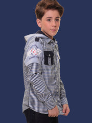 Boys’ 100% Cotton Full Sleeves Blue Check Shirt with Knitted Overlap Sleeves and Hood – Perfect for Layered Comfort