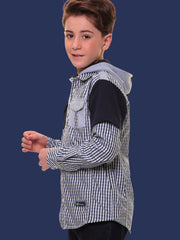 Boys’ 100% Cotton Full Sleeves Blue Check Shirt with Knitted Overlap Sleeves and Hood – Perfect for Layered Comfort