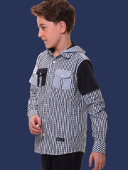 Boys’ 100% Cotton Full Sleeves Blue Check Shirt with Knitted Overlap Sleeves and Hood – Perfect for Layered Comfort