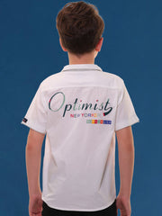 Boys’ 96% Cotton 4% Elastane Half Sleeves White Stretch Shirt with Mélange Trim and Print – Ready for Action