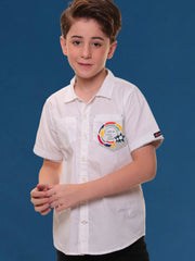 Boys’ 96% Cotton 4% Elastane Half Sleeves White Stretch Shirt with Mélange Trim and Print – Ready for Action