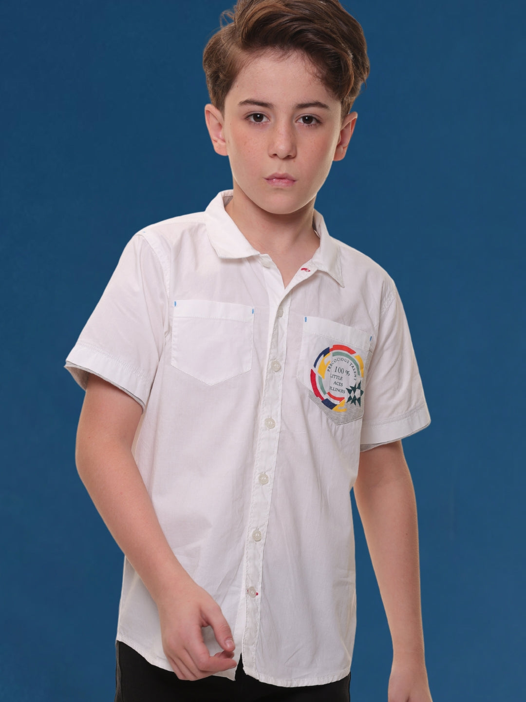 Boys Half Sleeves Stretchable Cotton White Shirt with Melange Trim and Print – Ready for Action