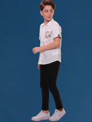 Boys’ 96% Cotton 4% Elastane Half Sleeves White Stretch Shirt with Mélange Trim and Print – Ready for Action