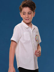 Boys’ 96% Cotton 4% Elastane Half Sleeves White Stretch Shirt with Mélange Trim and Print – Ready for Action