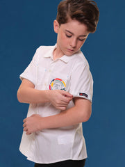 Boys’ 96% Cotton 4% Elastane Half Sleeves White Stretch Shirt with Mélange Trim and Print – Ready for Action