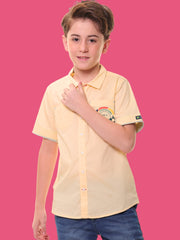 Boys’ 96% Cotton 4% Elastane Half Sleeves Yellow Stretch Shirt with Green Mélange Trim and Print – Ready for Action