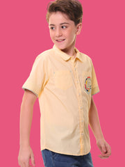 Boys’ 96% Cotton 4% Elastane Half Sleeves Yellow Stretch Shirt with Green Mélange Trim and Print – Ready for Action