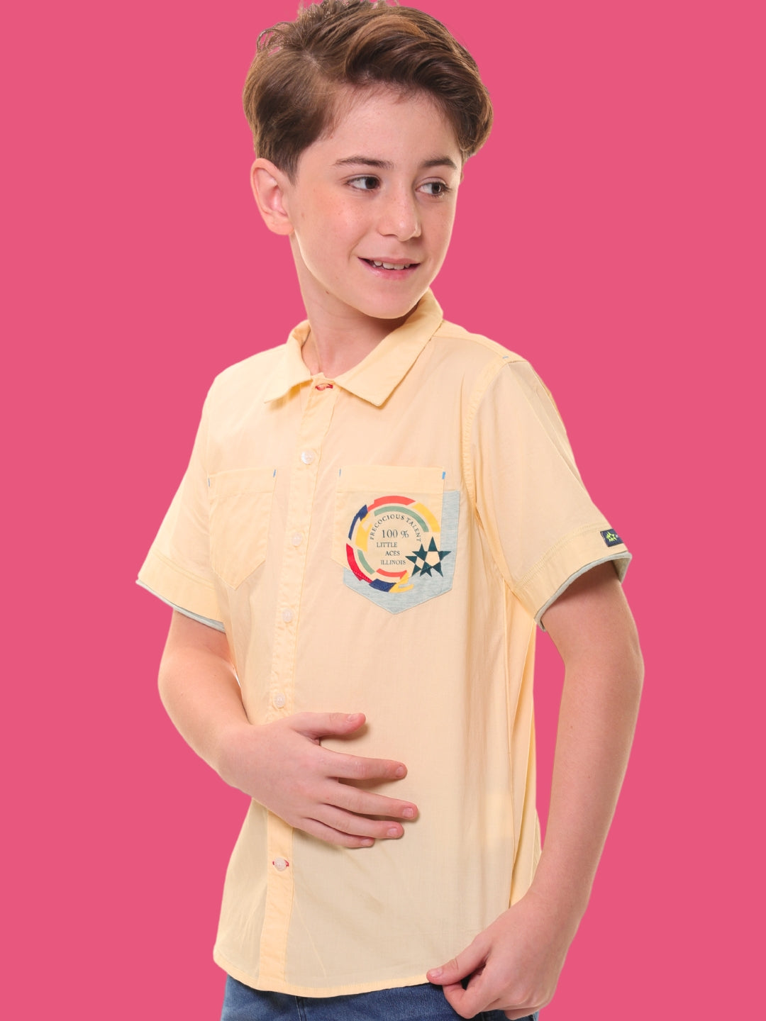 Boys Half Sleeves Stretchable Cotton Yellow Shirt with Green Melange Trim and Print – Ready for Action