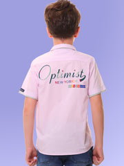 Boys’ 96% Cotton 4% Elastane Half Sleeves Pink Stretch Shirt with Mélange Trim and Print – Ready for Action