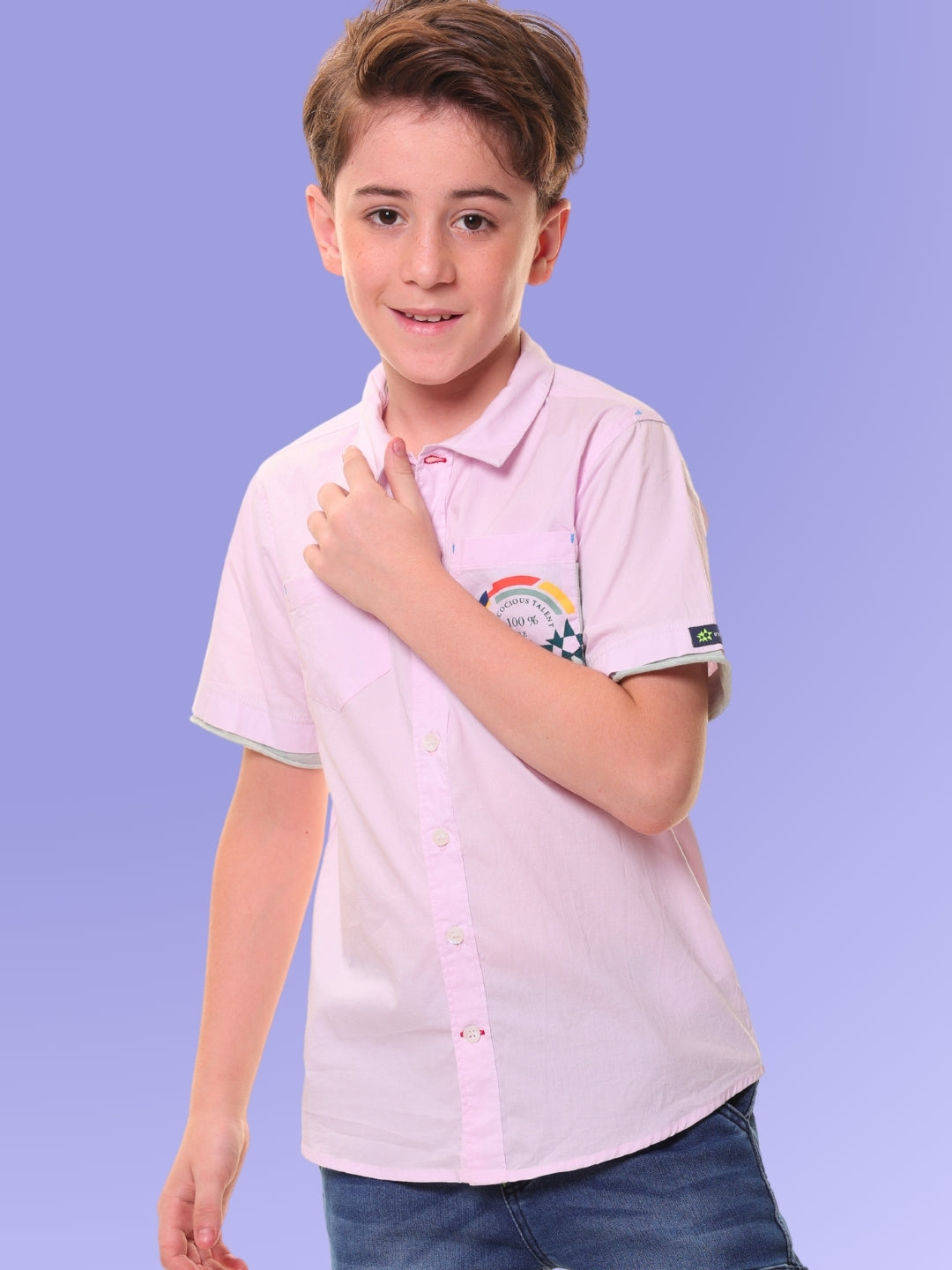 Boys’ 96% Cotton 4% Elastane Half Sleeves Pink Stretch Shirt with Mélange Trim and Print – Ready for Action