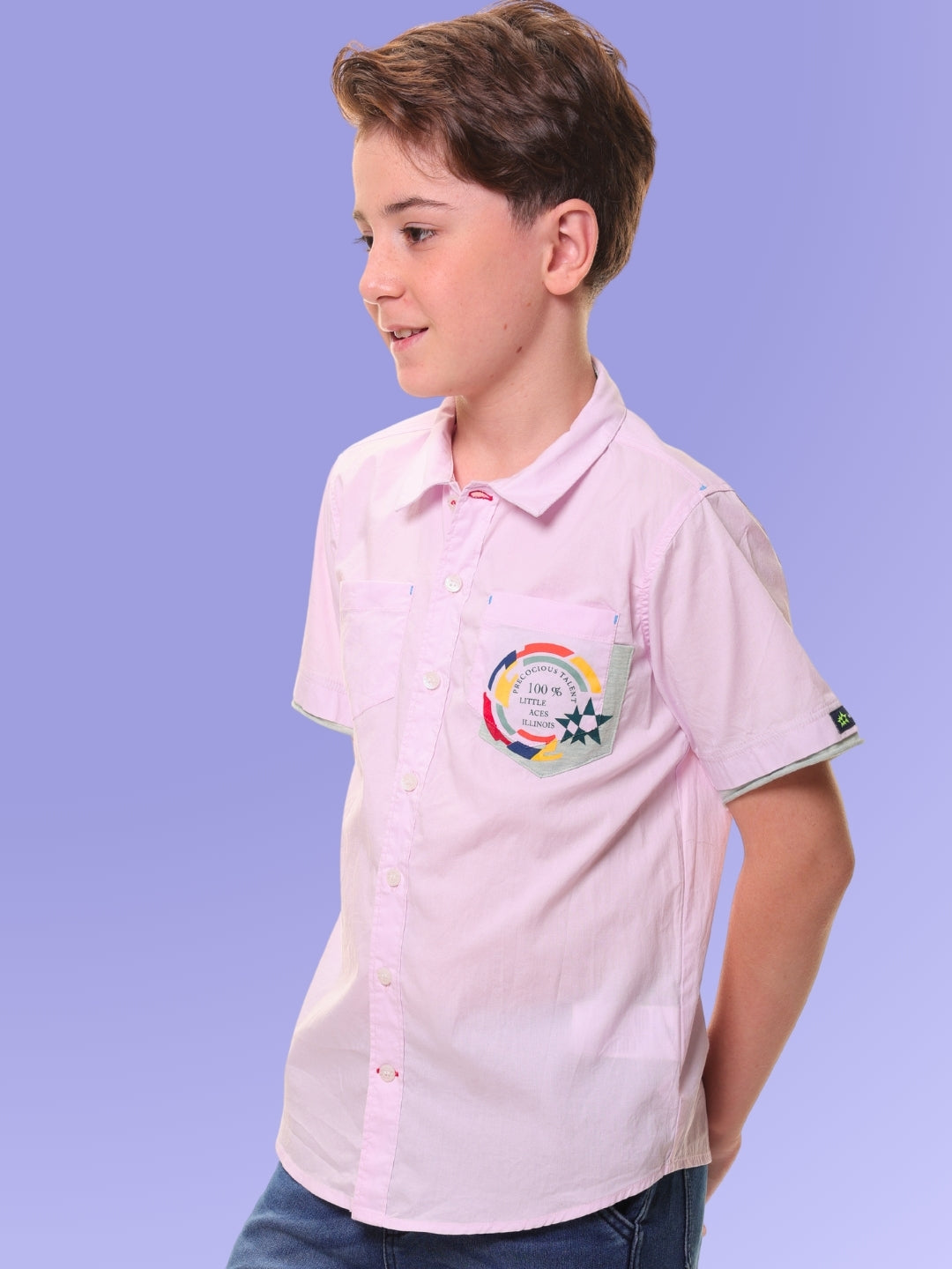 Boys Half Sleeves Stretchable Cotton Pink Shirt with Melange Trim and Print – Ready for Action